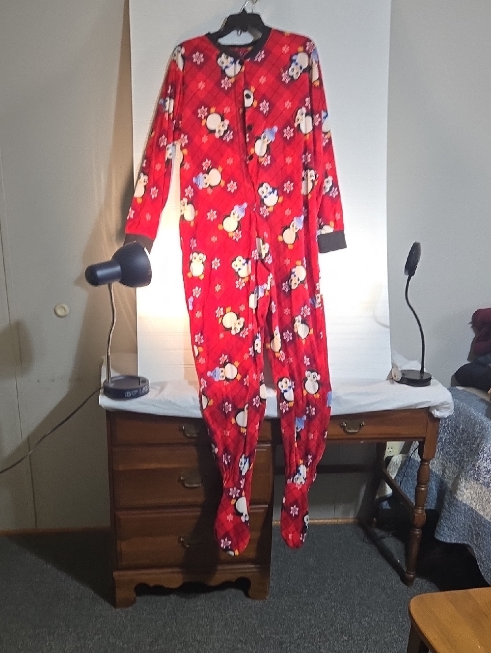 Women's Red Penguin Print Fleece Footed Pajama Onesie